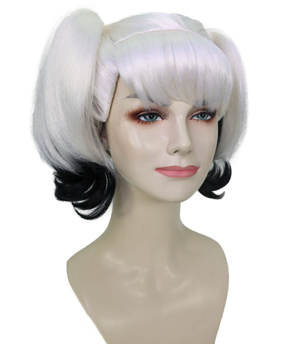 HPO Adult Women’s Black and White Pigtail Wig | Split Color Curly Hairpiece with Bangs | Ideal for Halloween, Cosplay, and Fancy Dress Wig