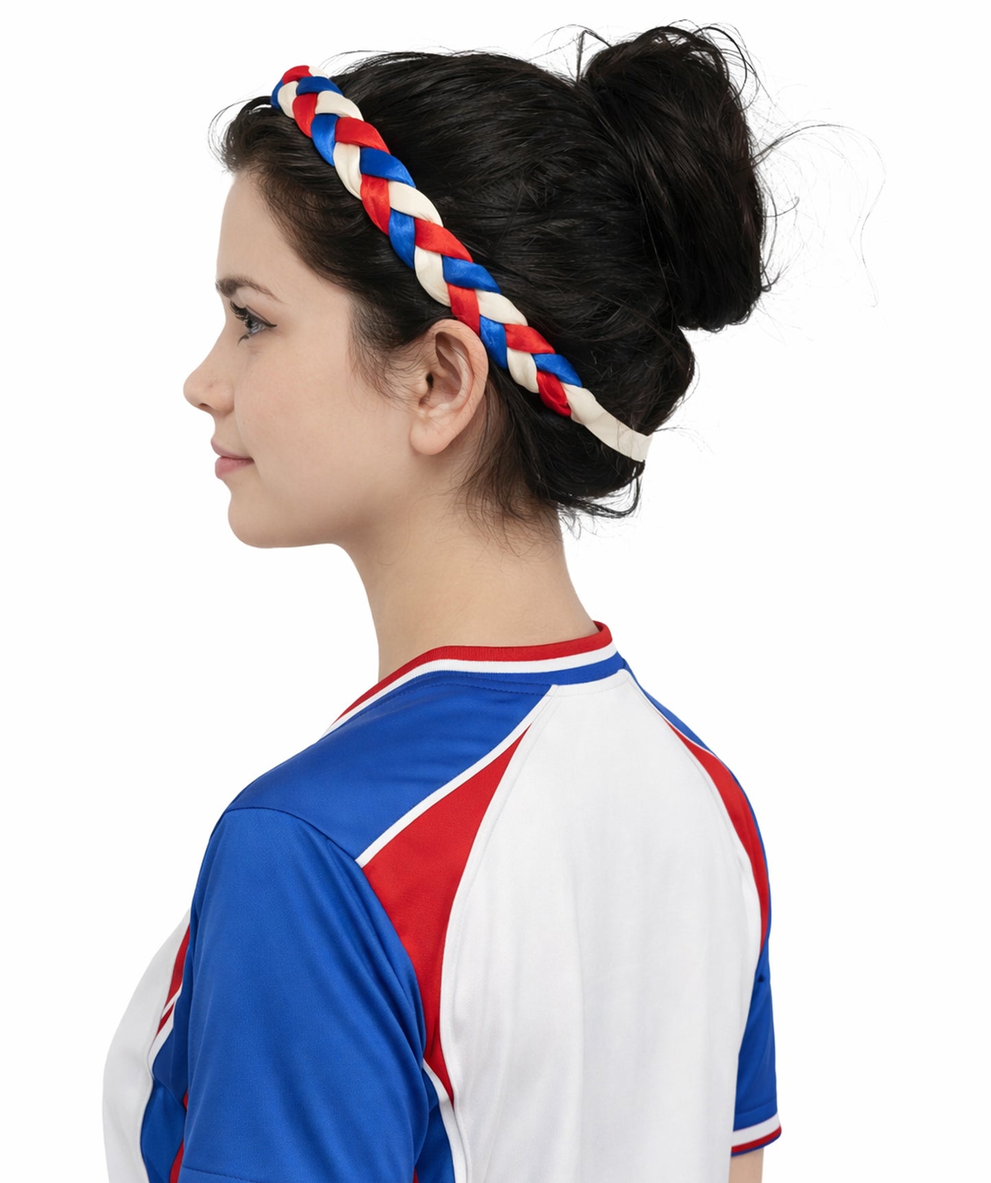 HPO Women's Multinational Braided Hairband | Textured red, white, and blue synthetic fibers woven into a twisted headband with elastic backing | Ideal for party, Halloween, cosplay, theater, drag, performance, costume events