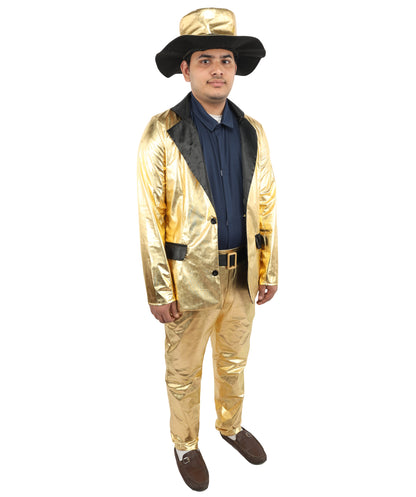 HPO Men's Metallic Gold & Black Pimp Suit | Shiny PVC and Satin Finish with Matching Hat T-Shirt and Belt | Ideal for Cosplay, Halloween, Drag, and 1970s Theme Performance Events
