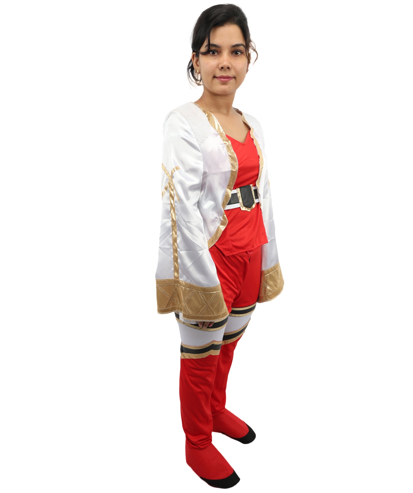 HPO Women's Anime Warrior Fashion Suit | Vibrant red and white jersey satin construction featuring a body, pant, koti, and leg socks | Ideal for party, Halloween, cosplay, theater, drag, performance, costume events