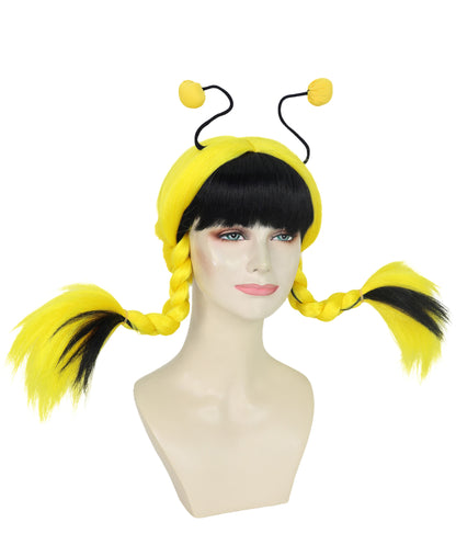 HPO Adult Women's Bee Mine Wig | Black and Yellow Striped Bob Wig with Antenna Headband for Women and Teens | Perfect for Bee Costumes, Halloween, Festivals Events