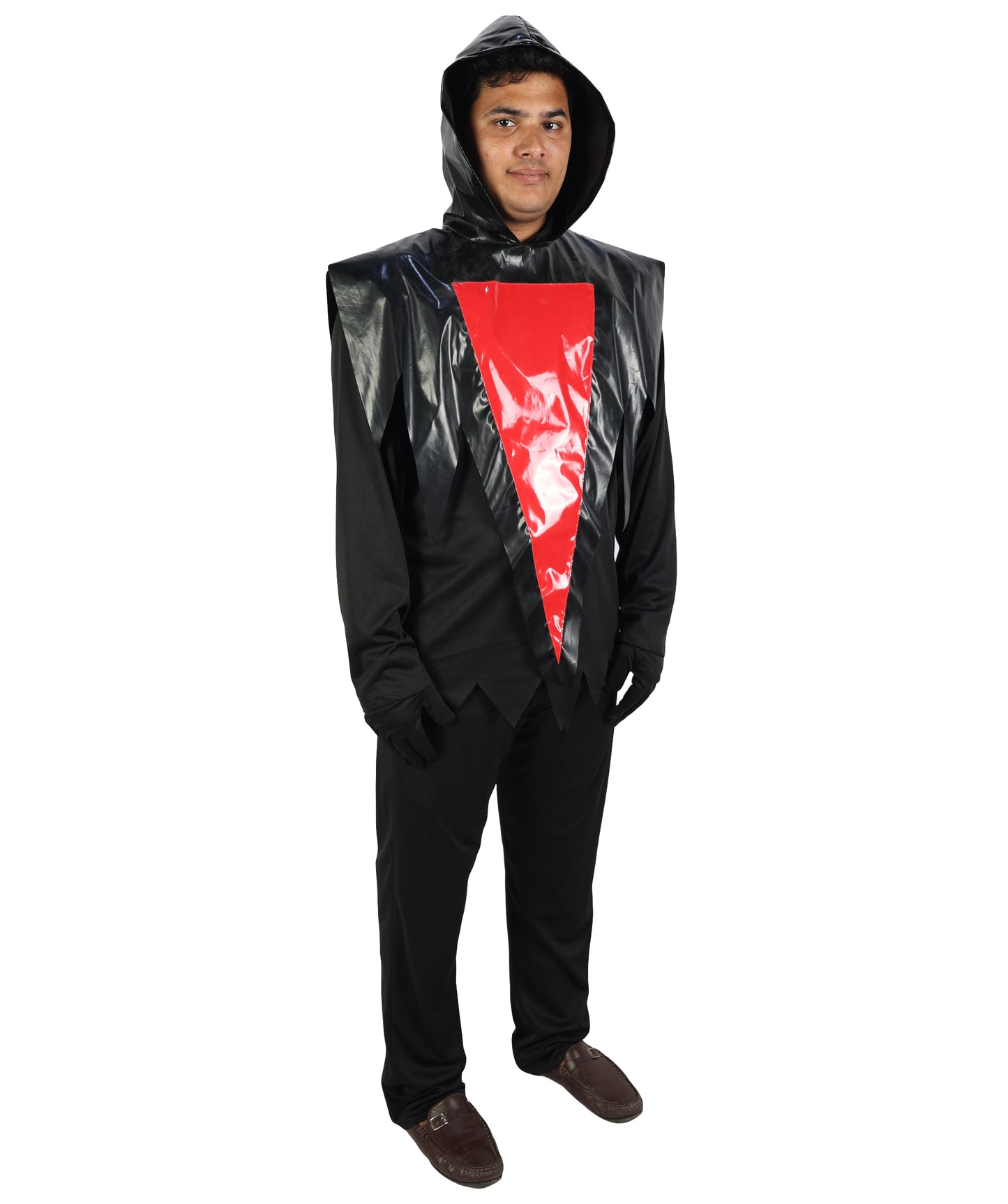 HPO Men's Ghost Slasher Costume | Grim Reaper Style Black Hooded Tunic Jagged Edge Robe Blood Red Ghost Mask | Youth Halloween Cosplay Thriller Horror Theater Performance Costume Events