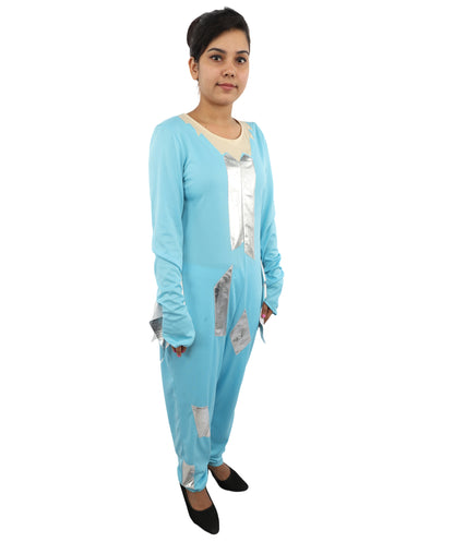 HPO Women's Ice Blue Jumpsuit Costume | Shimmering Synthetic Febric Bodysuit with Metallic Accents and Fringe | Idal for Halloween, Cosplay, Drag, and Themed Events