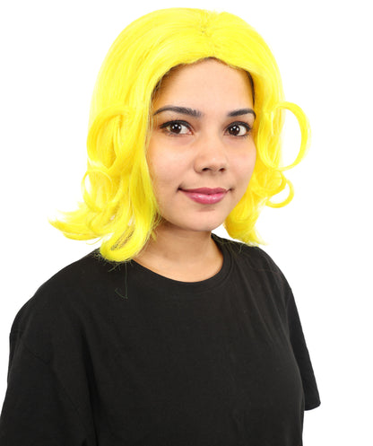 HPO Women's Wavy Bright Yellow Wig | Vibrant Synthetic Medium Hairstyle for Cosplay, Festivals, Stage Shows,  Parties & Photoshoots