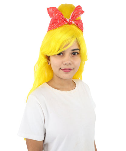 HPO Women’s Retro Beehive Wig with Red Bow | Multicolor Options | Extra Long Wavy Fancy Dress Accessory | Fancy Dress Accessory | Celebrity-Inspired Hair for Halloween, Cosplay & Music Tribute Parties