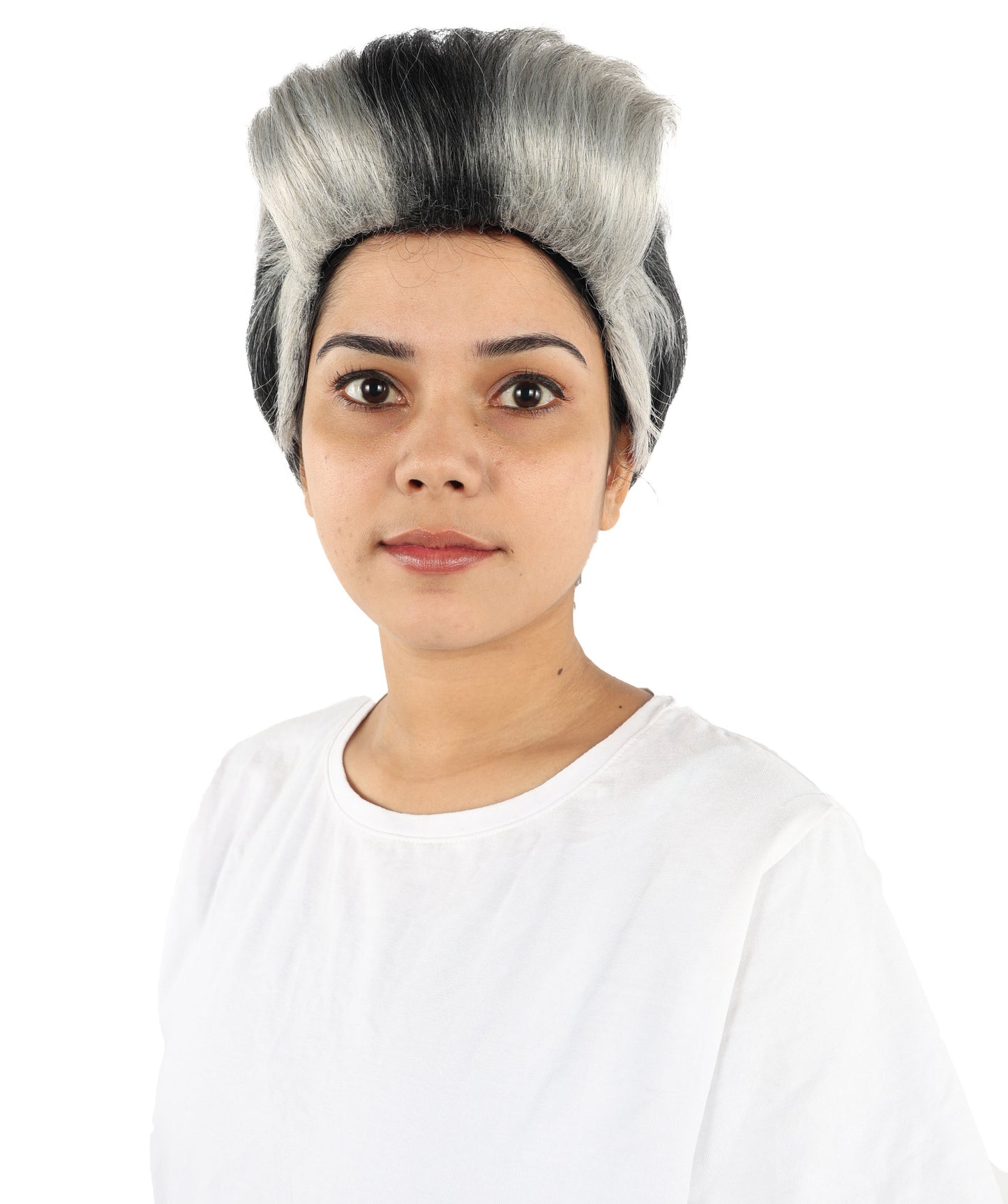 Hollywood Comedian-Inspired Wig | Short Curly Black & Grey Hairstyle | Adjustable Cap for Cosplay, Halloween, Parties, Stage & Roleplay