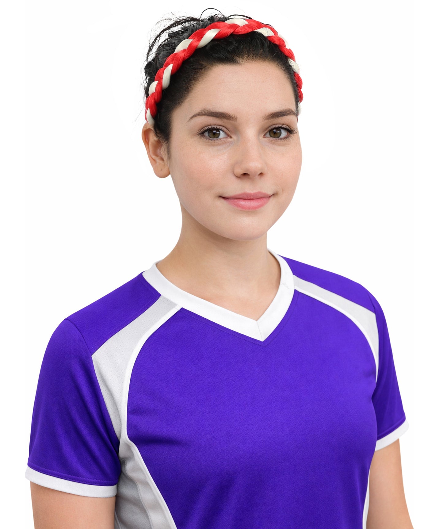HPO Women's Multinational Braided Hairband | Textured red and white synthetic fibers woven into a twisted headband with elastic backing | Ideal for party, Halloween, cosplay, theater, drag, performance, costume events