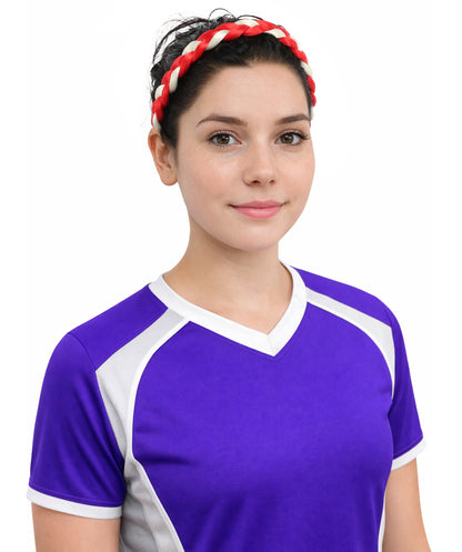 HPO Women's Multinational Braided Hairband | Textured red and white synthetic fibers woven into a twisted headband with elastic backing | Ideal for party, Halloween, cosplay, theater, drag, performance, costume events