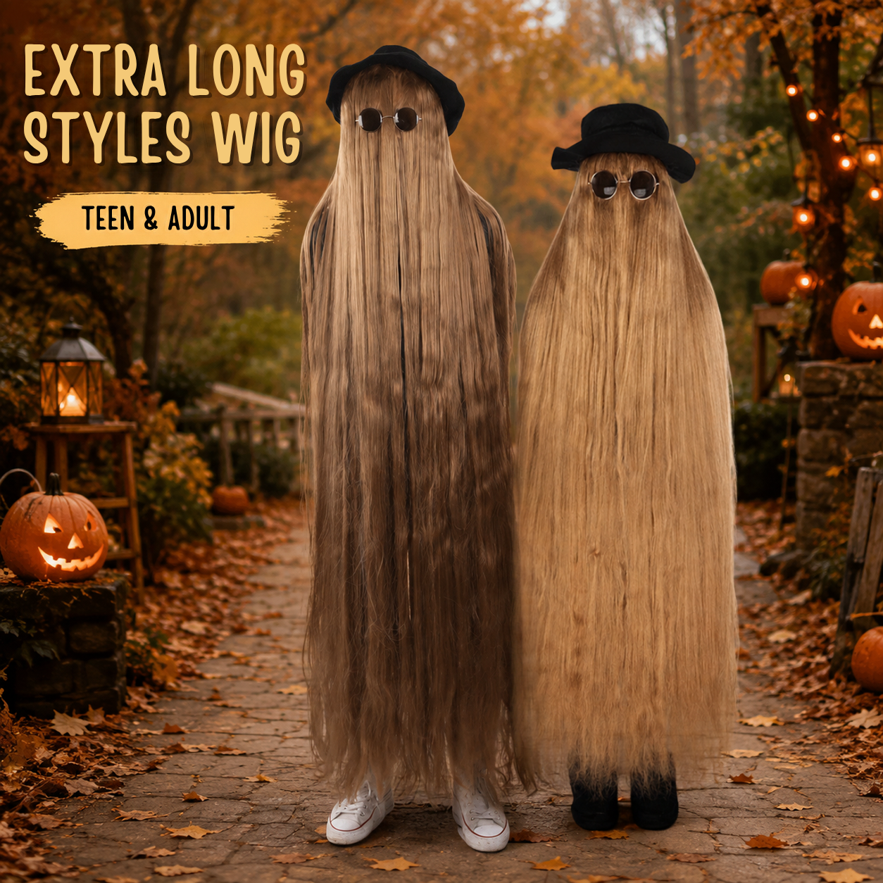 HPO Dapper Creature Brown Hair Wig for 60" Teen & 66" Adult Bundle Costume - Full Length Hairpiece Costume Set With Hat and Round Sunglasses Featuring Dramatic Styling For Outfits & Themed Gatherings