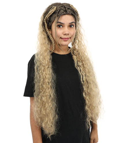 HPO Women's Extra Long Dark Brown & Ash Blonde Mixed Wig with Micro Braids | Loose Wavy Synthetic Hairpiece for Cosplay, Festivals, Stage Shows &  Parties