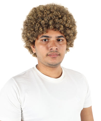 HPO Men’s Curly Athlete Brown Wig | Voluminous Synthetic Hairpiece with Thick Curls | Adjustable Fit for Stage, Parties & Roleplay