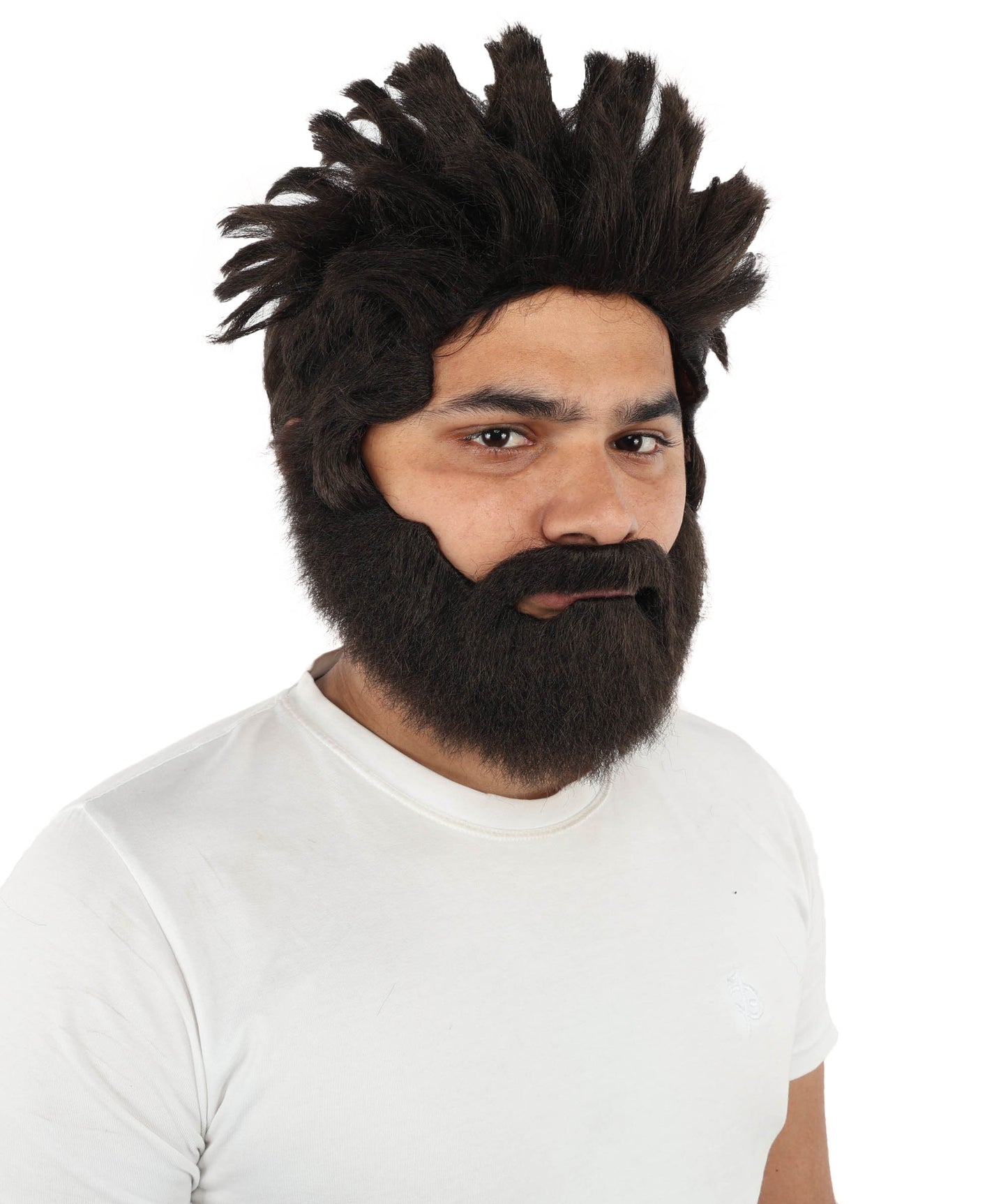 HPO Men’s Animated Genius Spiky Wig Beard & Mustache Set  – Wild Mad Scientist Pointed Beard & Curled Mustache Combo | Ideal for Animated Cosplay, Halloween Parties & Events