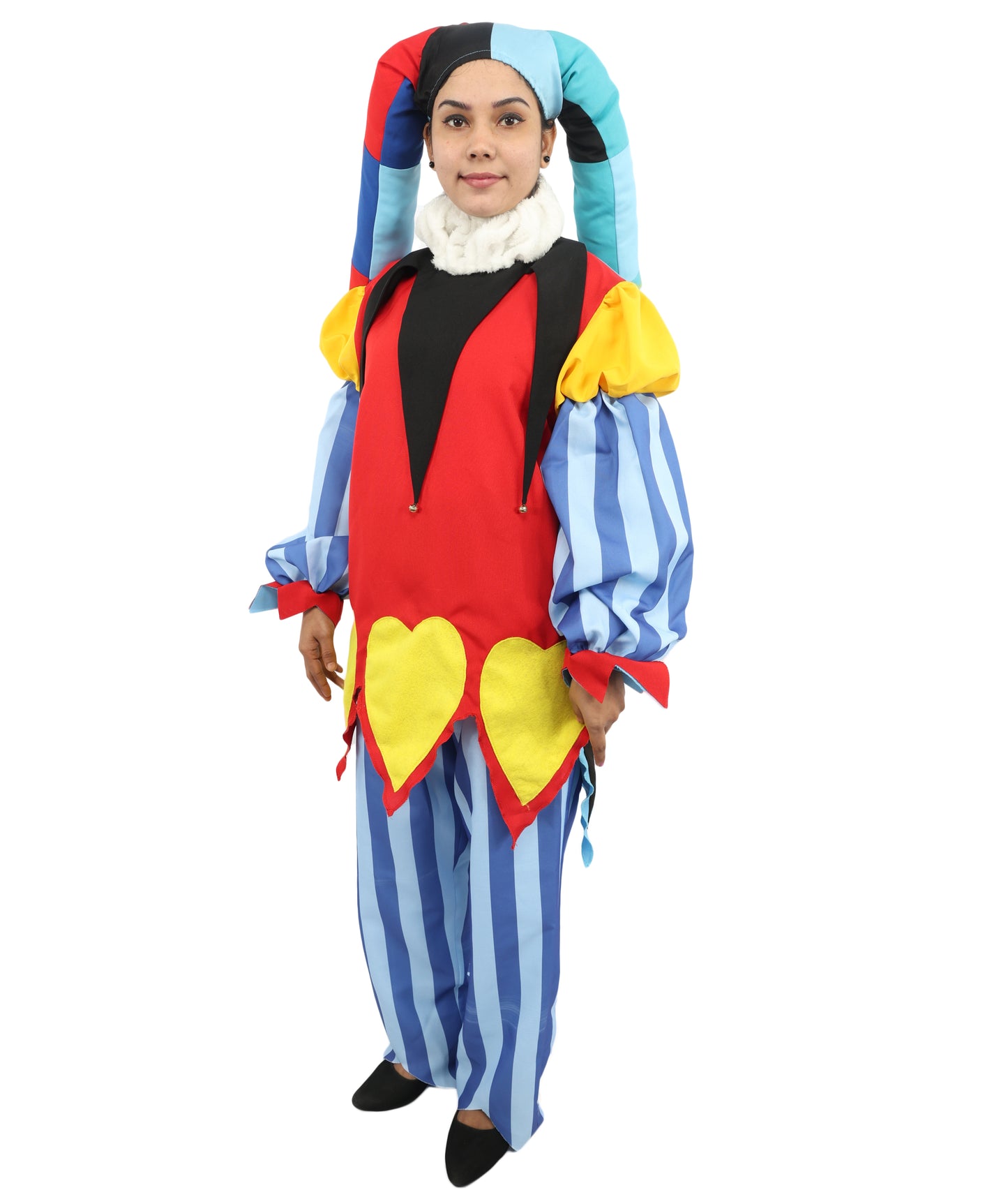 HPO Women's Harlequin Jester Costume | Multi-Pattern Ronior and Uniform Fabric Construction with Horned Cap and Drawcord | Ideal for Halloween, Drag, Theater, and Themed Performance Events