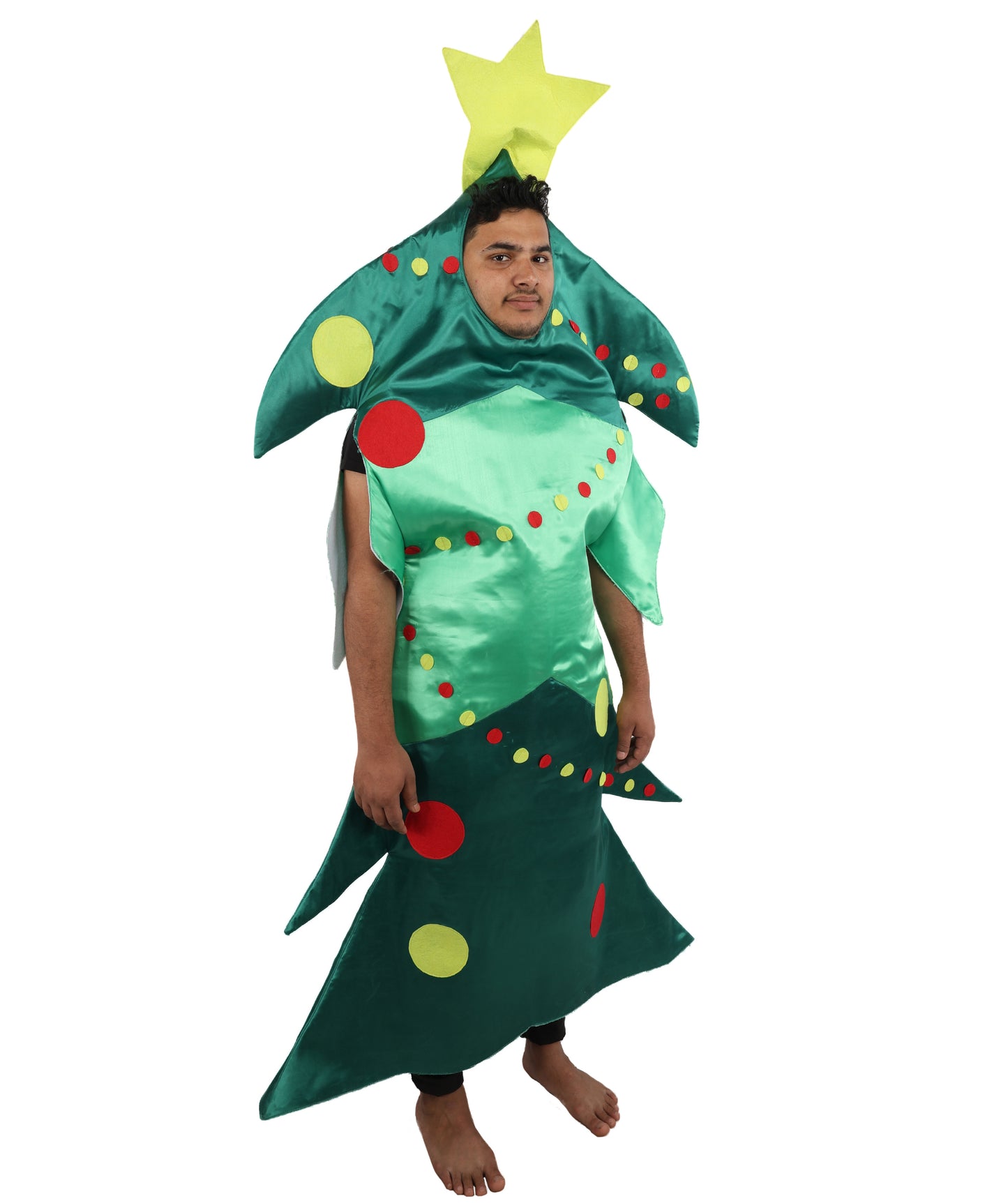 HPO Men's Festive Christmas Tree Costume | Green Structured Foam and Jersey Tunic with Star Accent | Ideal for Halloween, Theater, Drag, and Holiday Performance Events