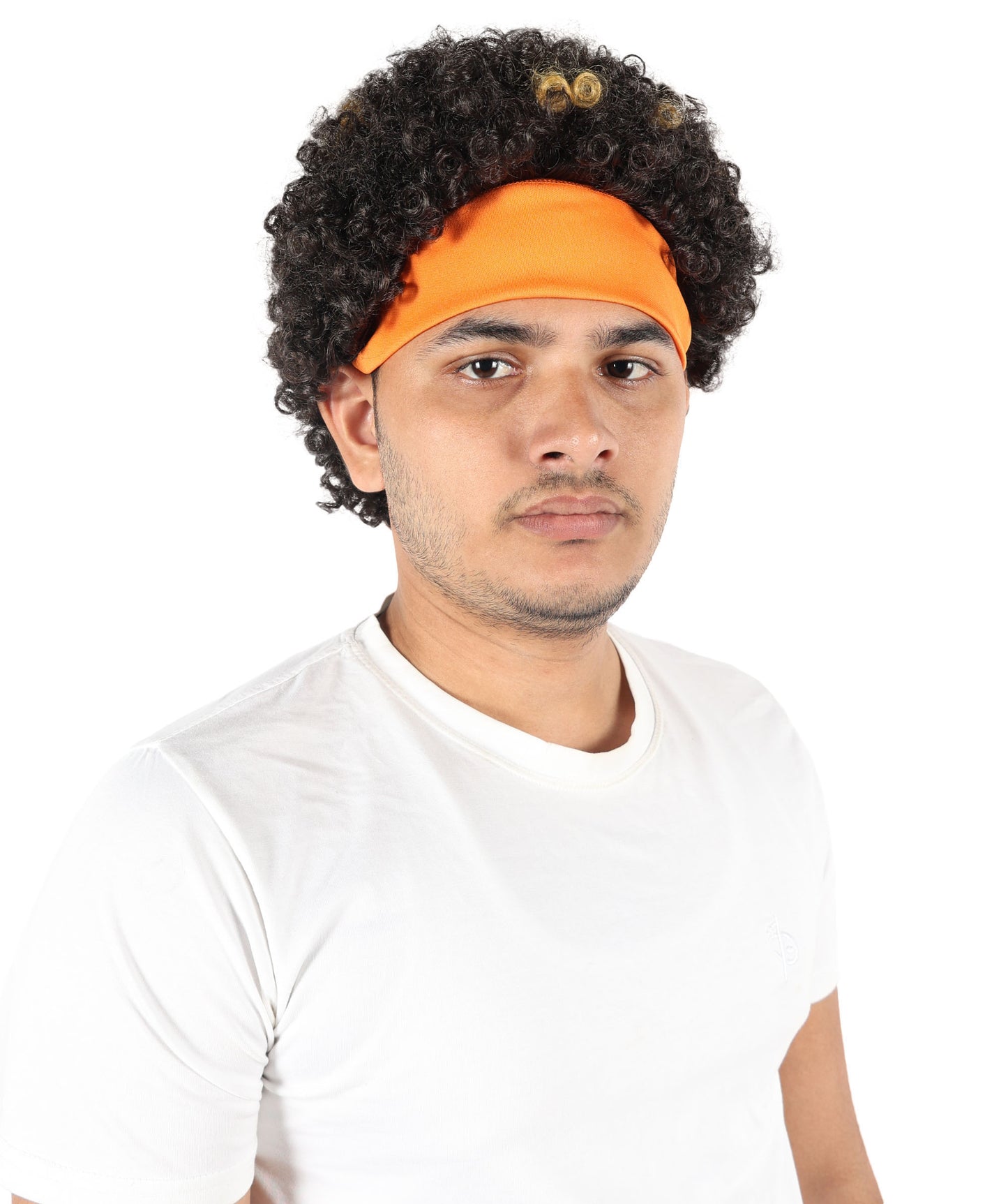 HPO Men's Brown & Golden Curly Afro Wig | 11” Synthetic Hair with Headband | Flame-Resistant Capless Cap Wig