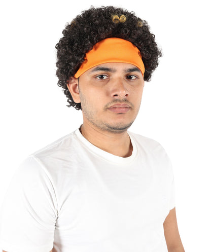 HPO Men's Brown & Golden Curly Afro Wig | 11” Synthetic Hair with Headband | Flame-Resistant Capless Cap Wig
