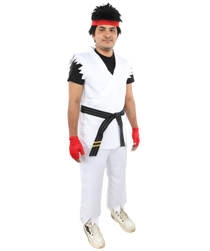 HPO Men's Martial Arts Fighter Outfit | White GI Costume with Body, Pant, Belt, Gloves, Headband | Video Game Fighter costume For Cosplay & Themed Battle Events