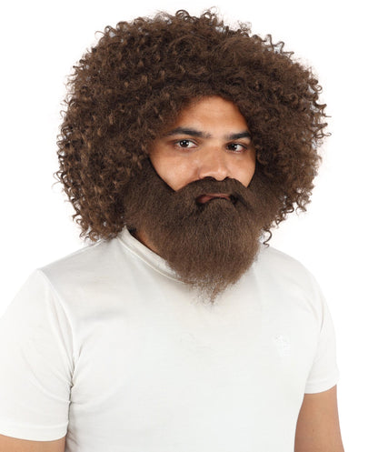 HPO Men's Wild Caveman Orange Wig Beard & Mustache Set | Massive Frizzy Orange Afro and Full Beard Set with Messy Texture | Prehistoric Costume, Viking Cosplay, Halloween, and Funny Party Props