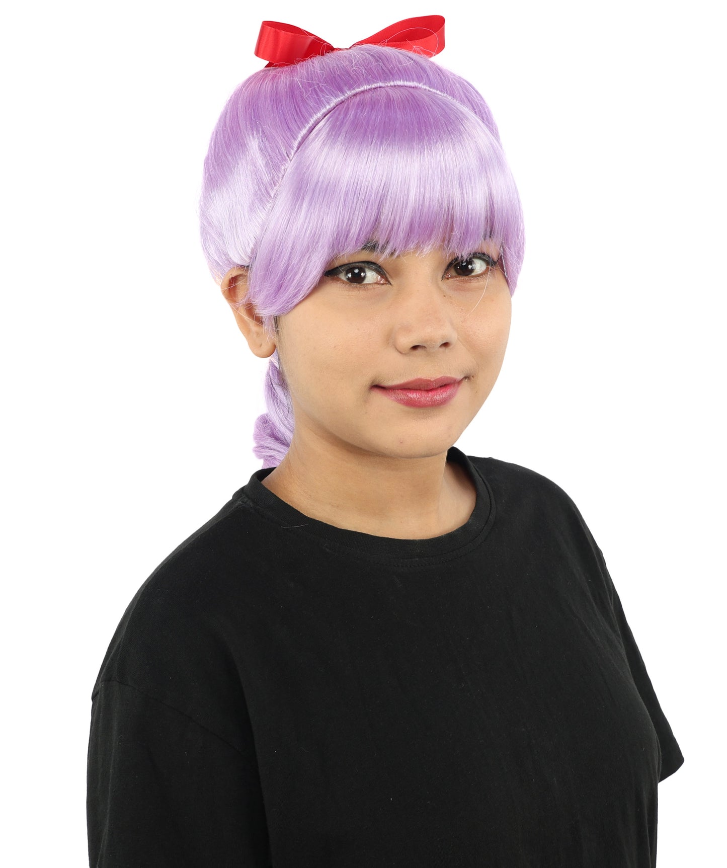 HPO Women's Spiral Ponytail Wig | Multicolor Options | High Updo with Red Ribbon Bow & Bangs, Heat Friendly Synthetic Fiber & Breathable Cap | Halloween, Christmas Event, Themed Party, Theater & Roleplay