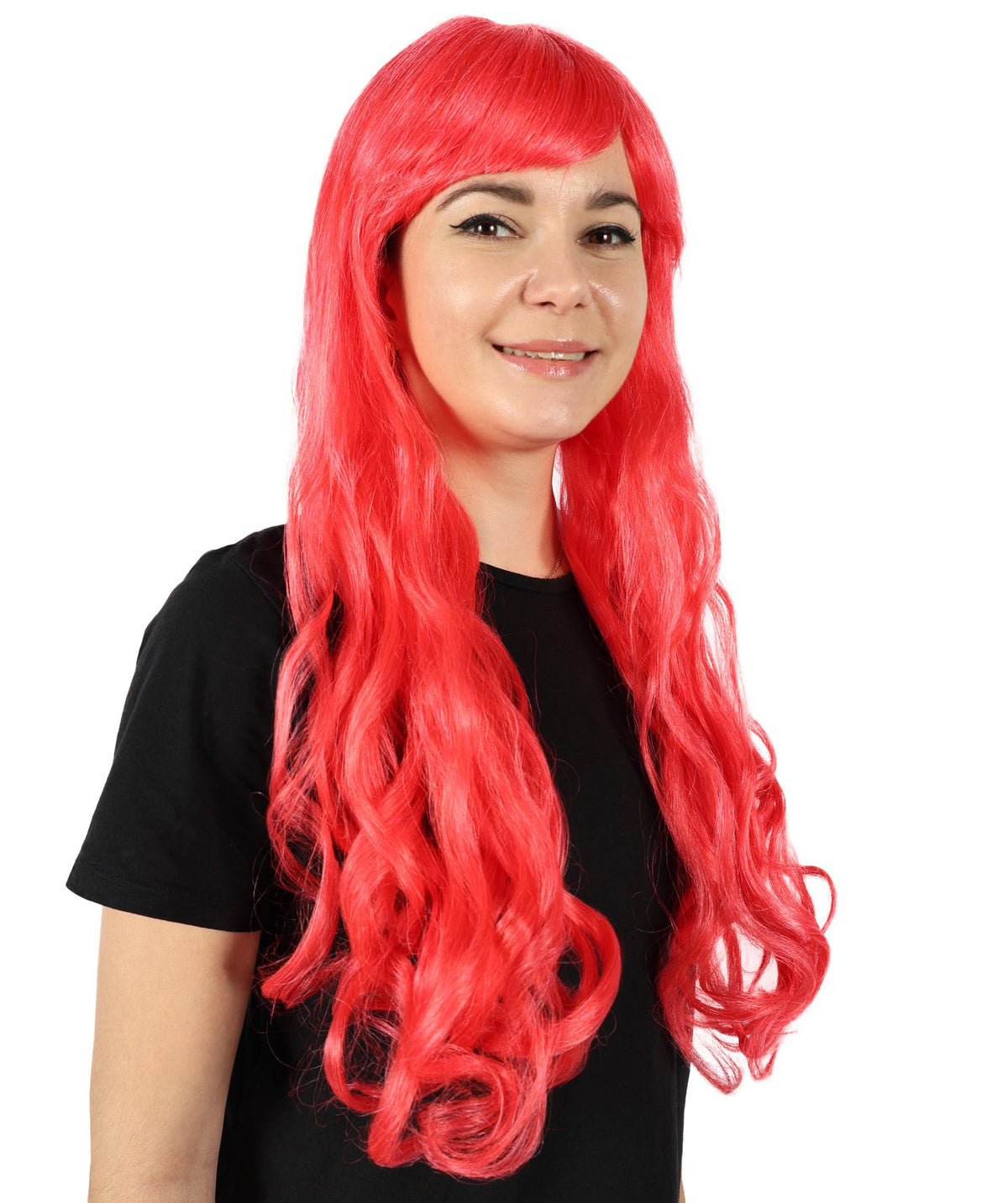 HPO Women's Red Long Wavy Desire Wig with Front Bangs | Halloween and Party Wig | Flame-retardant Synthetic Fiber  |  Premium Breathable Capless Cap