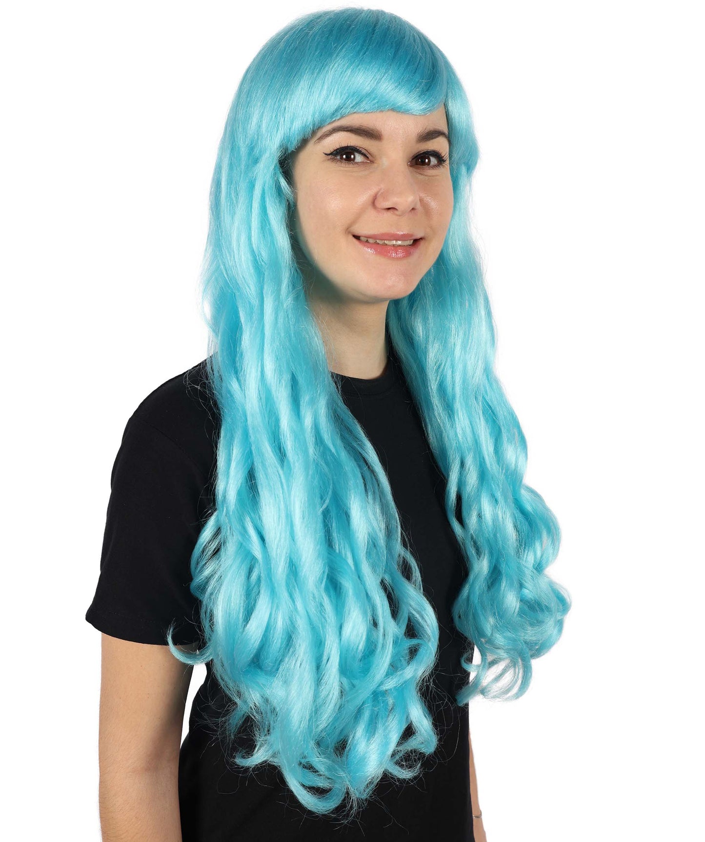 HPO Women's Red Long Wavy Desire Wig with Front Bangs | Halloween and Party Wig | Flame-retardant Synthetic Fiber  |  Premium Breathable Capless Cap