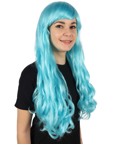 HPO Women's Red Long Wavy Desire Wig with Front Bangs | Halloween and Party Wig | Flame-retardant Synthetic Fiber  |  Premium Breathable Capless Cap