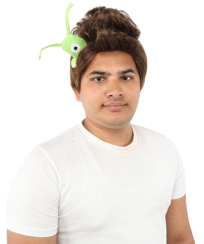 HPO Men's Brain Slug Orange Wig | Medium Spiked Synthetic Hair with Attached Green Alien Plush and Messy Texture | Sci-Fi Cosplay, Halloween, Cartoon Theme Party, and Funny Costume Accessories