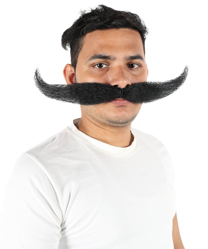 HPO Men's Giant Black Mustache | Self-Adhesive Fake Mustache | Realistic Costume Facial Hair Accessory for Halloween, Parties & Roleplay