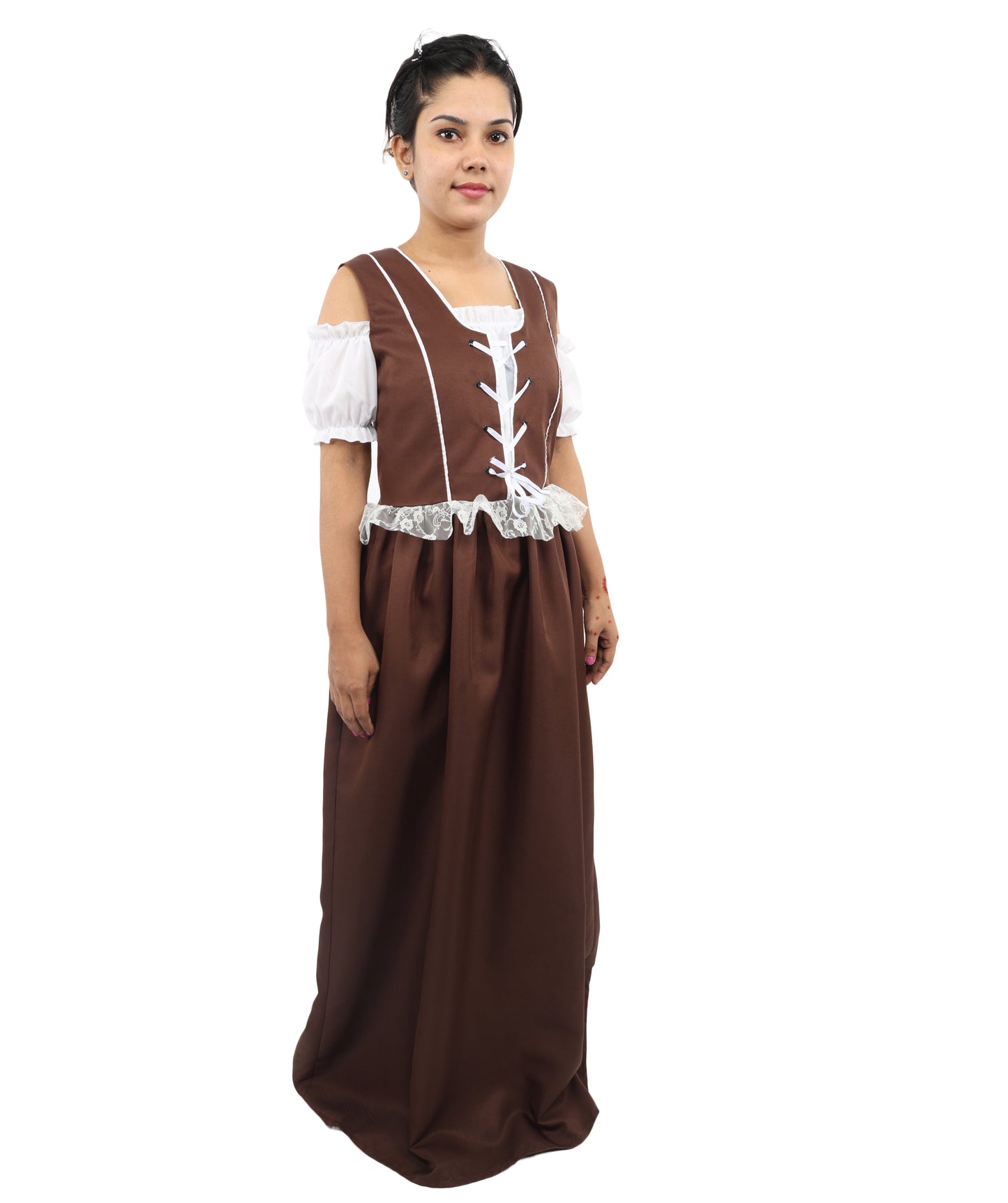HPO Women’s German Long Dirndl Brown & White Costume – Traditional Bavarian Oktoberfest Dress