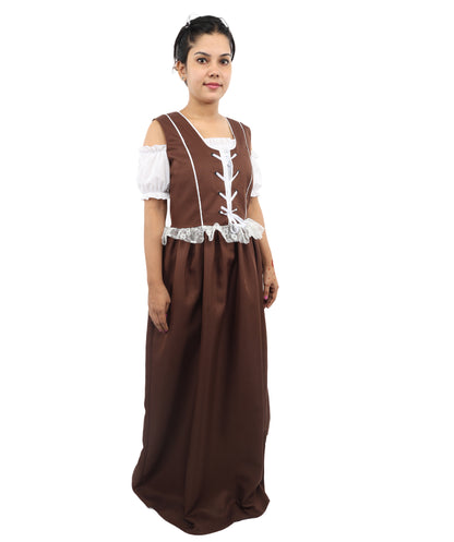 HPO Women’s German Long Dirndl Brown & White Costume – Traditional Bavarian Oktoberfest Dress