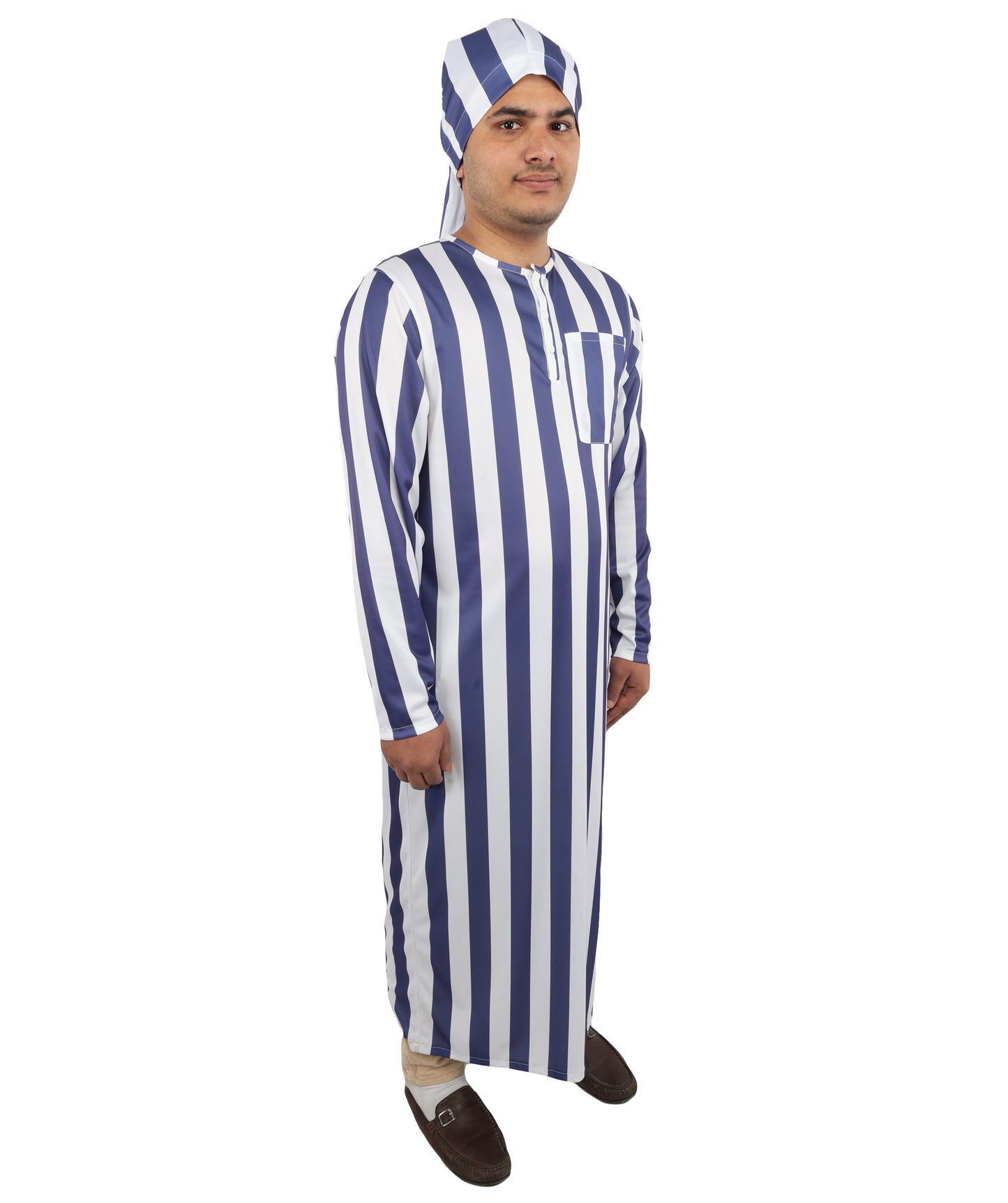 HPO Men's Victorian Striped Sleepwear | Blue and White Vertical Stripe Jersey with Adjustable Matching Nightcap | Ideal for Theater, Halloween, Cosplay, and Historical Performance Events