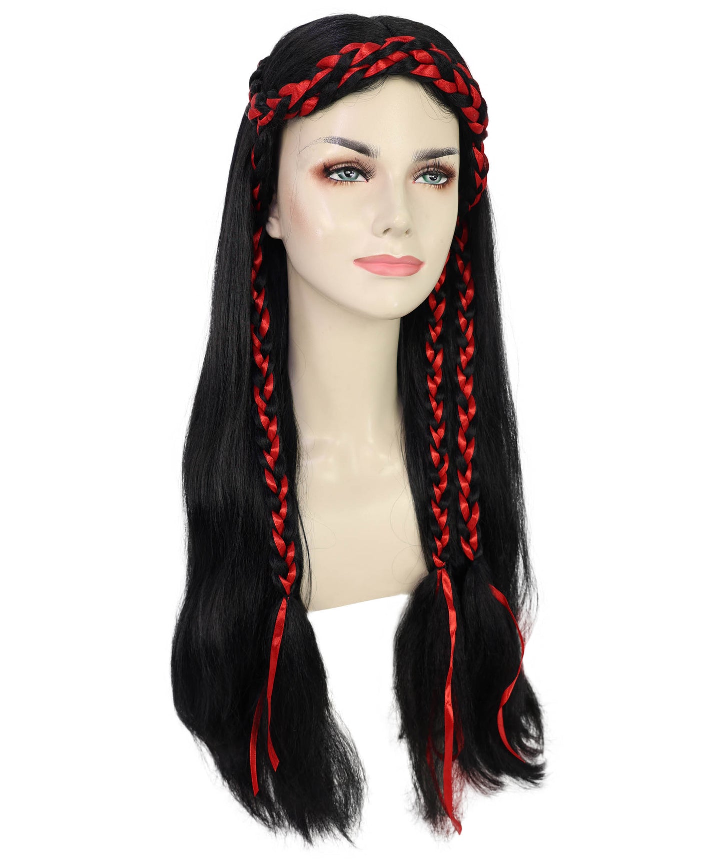 Women’s Long Black Wavy Wig with Red Braided Accents | Ideal for Halloween | Breathable Capless Cap