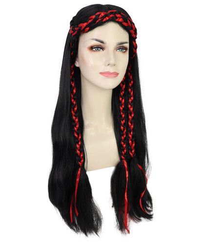 Women’s Long Black Wavy Wig with Red Braided Accents | Ideal for Halloween | Breathable Capless Cap