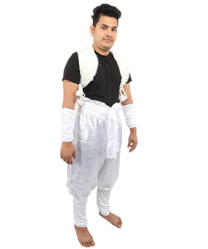 HPO Men's Anime Fighter Roleplay Suit | Crisp white satin construction featuring pants, dress, belt, and hand socks | Ideal for party, Halloween, cosplay, theater, drag, performance, costume events