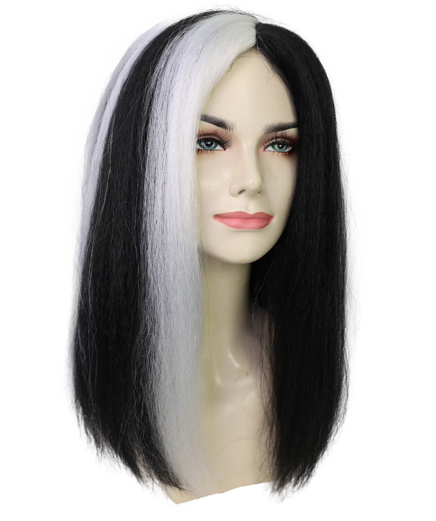 HPO Women’s Sinister-Inspired Long Black & White Wig | Dramatic Halloween Hairstyle | Breathable Capless Cap