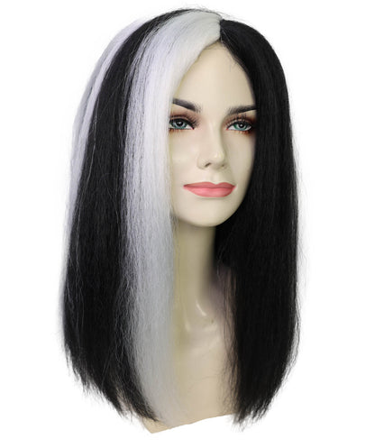 HPO Women’s Sinister-Inspired Long Black & White Wig | Dramatic Halloween Hairstyle | Breathable Capless Cap