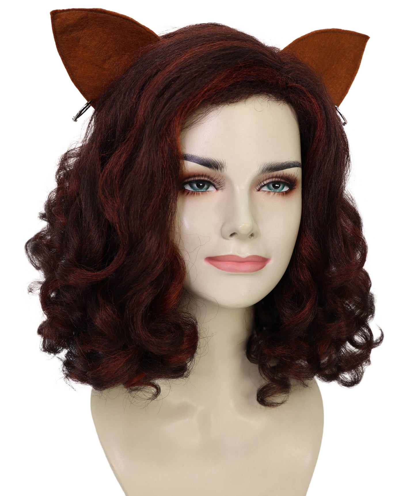HPO Women’s Cat-Themed Curly Brown Wig with Ears| Halloween and Cosplay Wig | Flame-retardant Synthetic Fiber