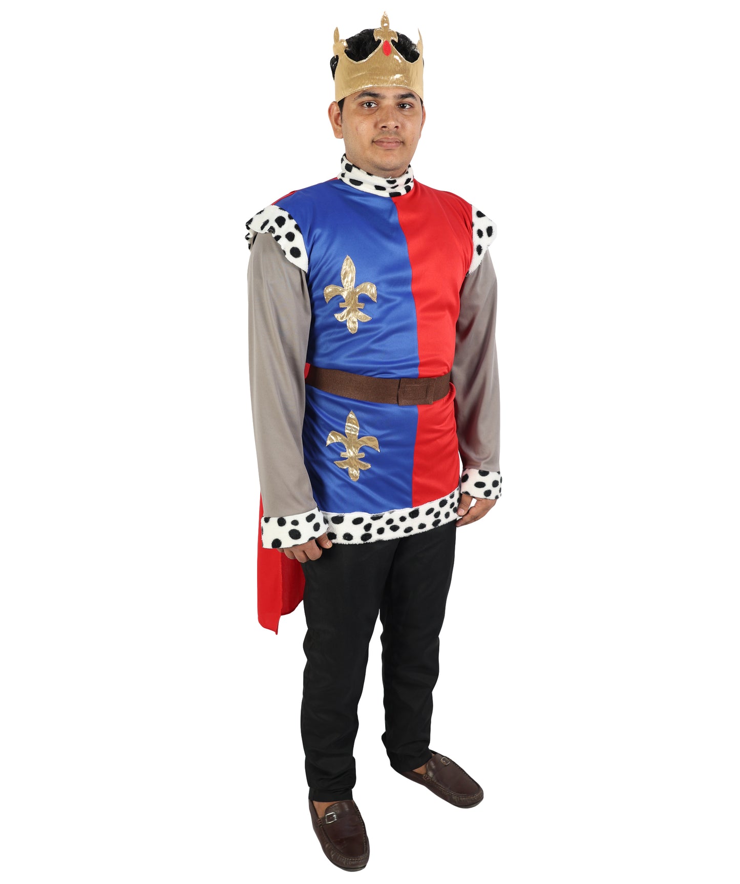 HPO Men's King Arthur Multicolor Costume | Medieval Royal Prince Fleur-de-lis Tunic Fabric Cape Mock Chainmail Sleeves Crown Set | Youth Camelot Cosplay Historic Pageant Theater Performance Costume Events