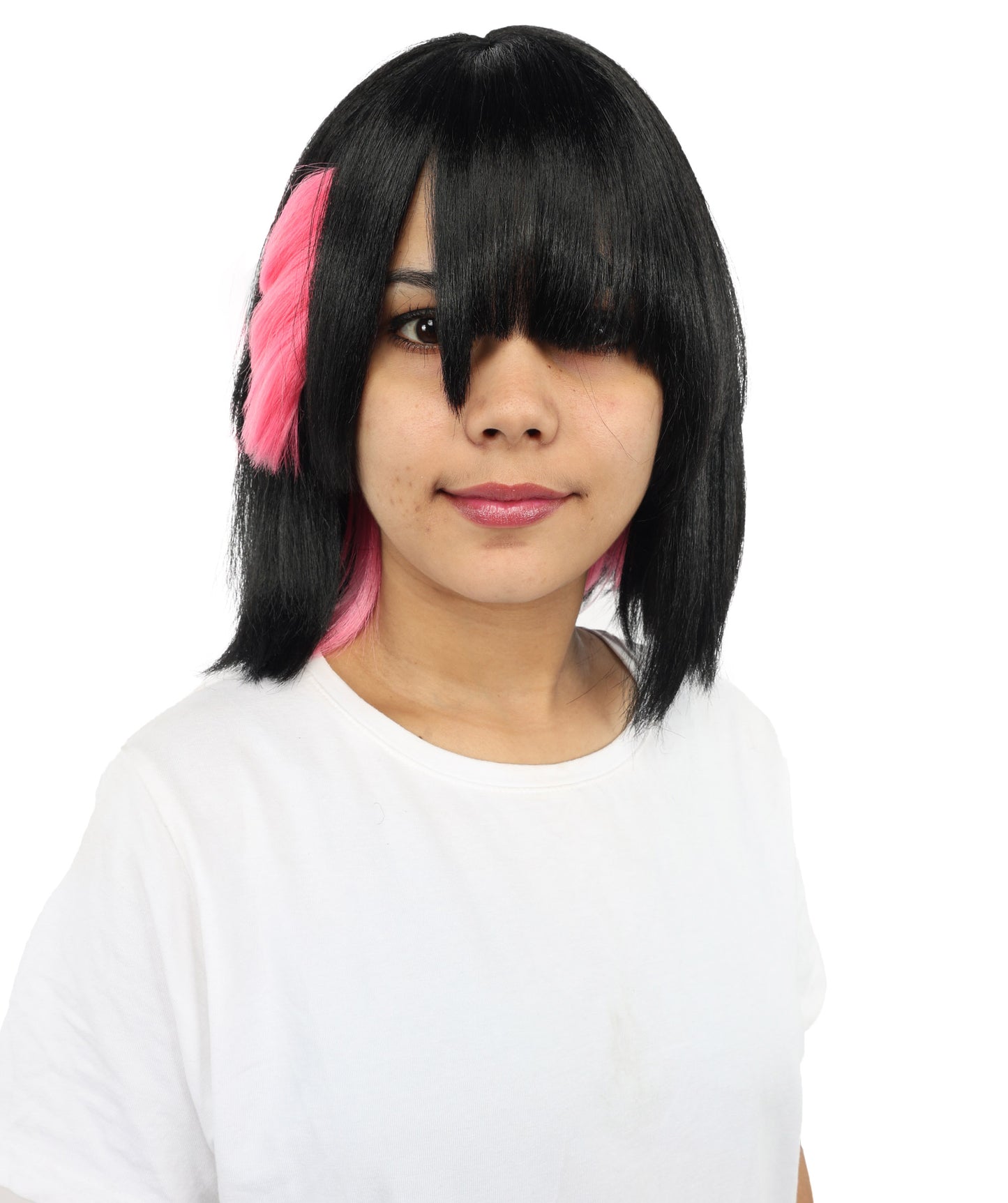 HPO Women's Medium Black & Soft Pink Anime Wig with Red Accents | Straight Cut Synthetic Hairpiece | Adjustable Cap for Halloween, Stage, Roleplay & Parties