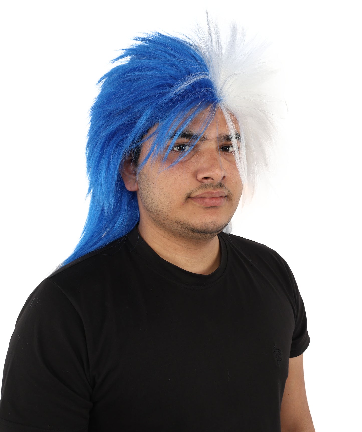 HPO Men's Two Tone Spirit Wig | Blue and White Messy Mullet Flame-retardant Synthetic Fiber | Halloween Themed Party Baseball Stadium Accessory