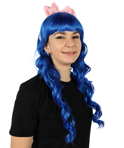 HPO Women's American Singer Medium Length Blue Wavy Pink Bow Wig | Halloween Wig | Flame-retardant Synthetic Fiber