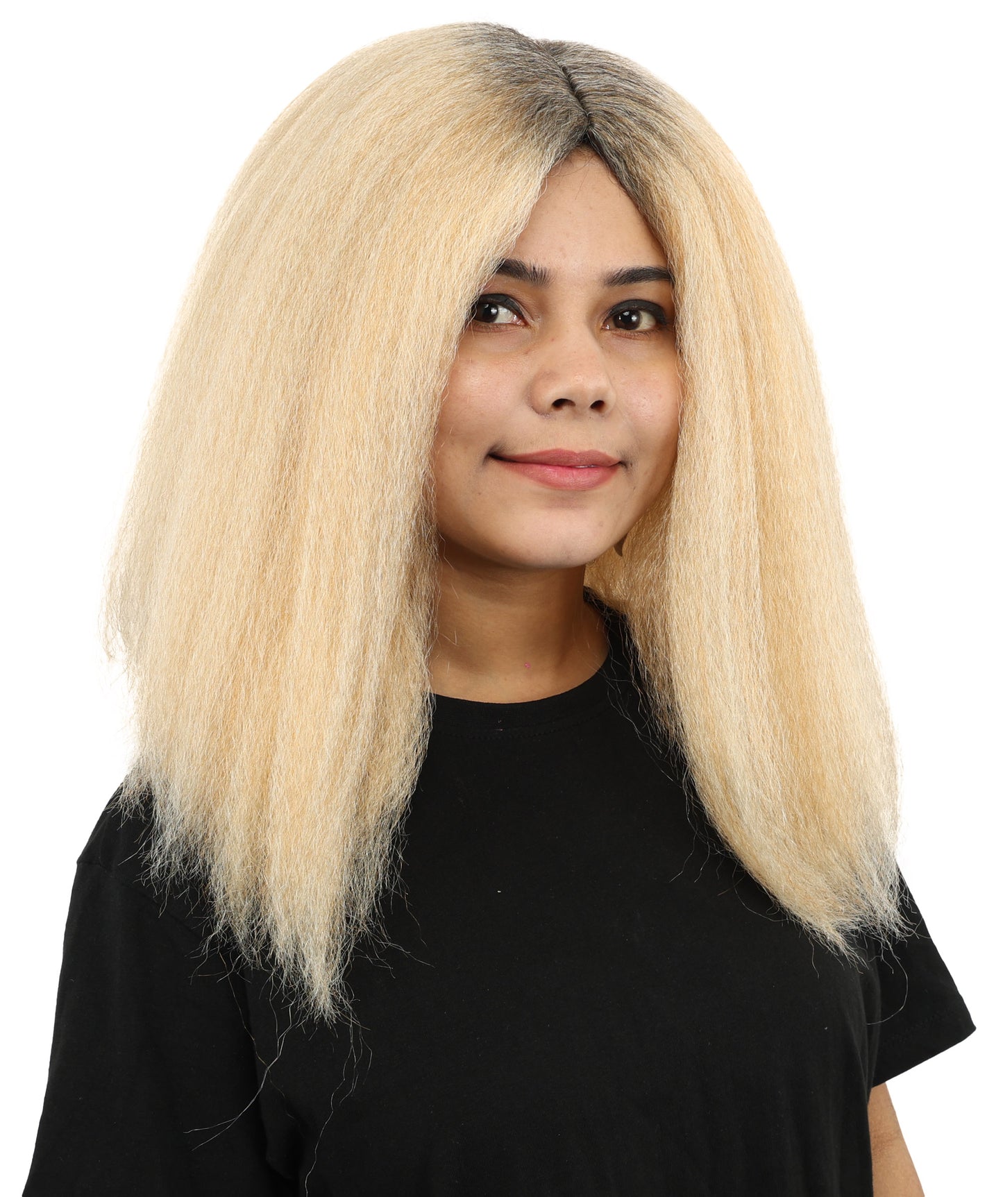 HPO Women's Long Rounded Cartoon Hair Wig | Black & Blonde Bubble Bob, Deep Side Part, Heat Friendly Synthetic Strands & Breathable Net | Fancy Dress, Stage Show, Animated Character Events, Halloween & Festival