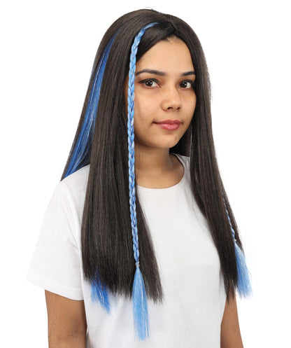 HPO Women's Sparkling Blue Tinsel Extension | Vibrant metallic blue hue, create of synthetic fiber and tinsel, long shimmering texture, clip-in base | Party, Halloween, theater, drag, performance, costume events