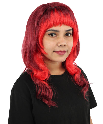HPO Mullet Style Layered Wig with Bangs - Short Wavy Costume Hair Outfit | Retro Inspired Headpiece for Cosplay, Styling & Parties