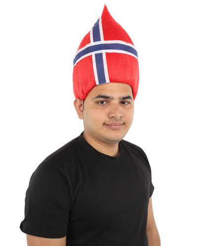 HPO Unisex Norway Flag Troll Wig – Red White Navy Spiky Hair with Capless Cap | Fan Wig for Sports Events, National Celebrations & Parties