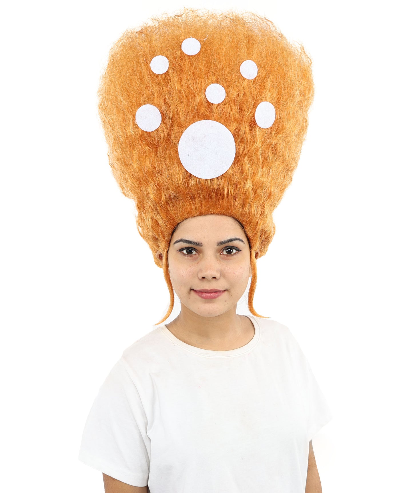 HPO Women’s 19-Inch Tall Orange Beehive Wig with White Dot Accents | Eye-Catching Retro Cartoon Style Hairpiece | Ideal for Fancy Dress, Halloween, Stage Shows, Cosplay & Costume Parties