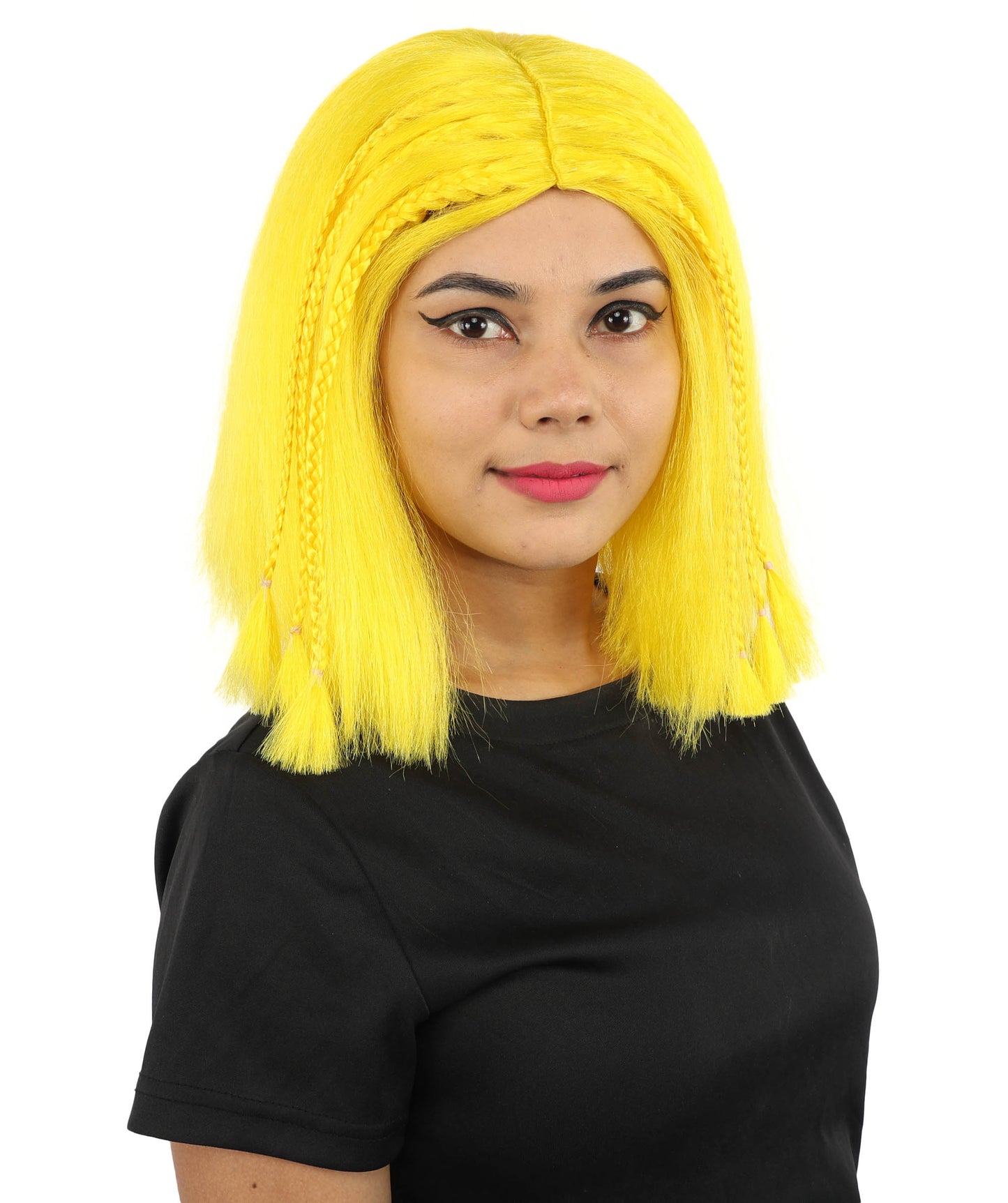 HPO Celebrity-Style 11 Inch Green Rooted Blonde Front Braided Straight Wig | Shoulder-Length Fun, Bold, and Stylish Hairpiece  | Ideal for Halloween, Cosplay, and Themed Parties