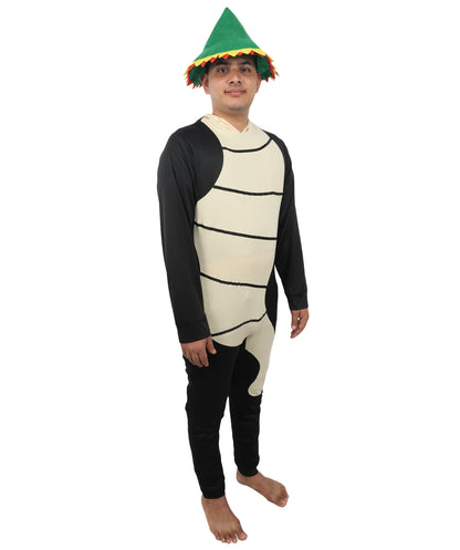 HPO Men's Funny Worm Costume – Black & Khaki Comedy Tunic with Curved Body Shape | Novelty Fancy Dress for Humorous Party Appearances