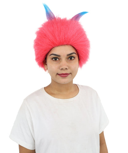 HPO Women Pink Movie Character Wig with Blue Horns | Bright Fantasy Synthtic Hairpiece | Ideal for Halloween, Cosplay, Stag Party