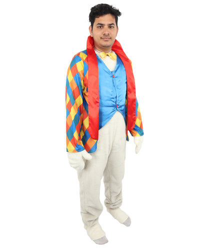 HPO Men's Festive Rabbit Mascot Ensemble | Multi-Color Diamond Pattern with Satin Vest and Faux Fur Accents | Ideal for Cosplay, Halloween, Drag, and Holiday Performance Events